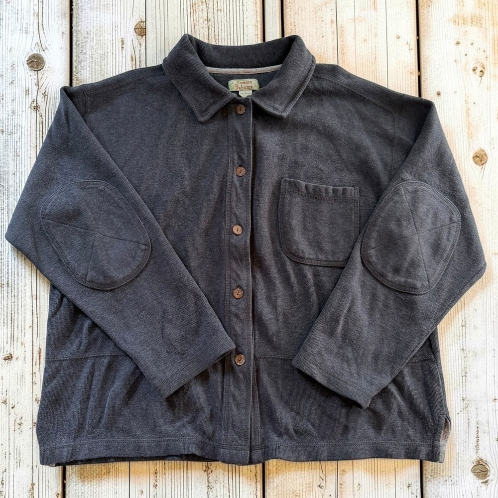 Tommy Bahama Womens Gray Cotton Knit Button Down Shirt Jacket Elbow Patch Size M